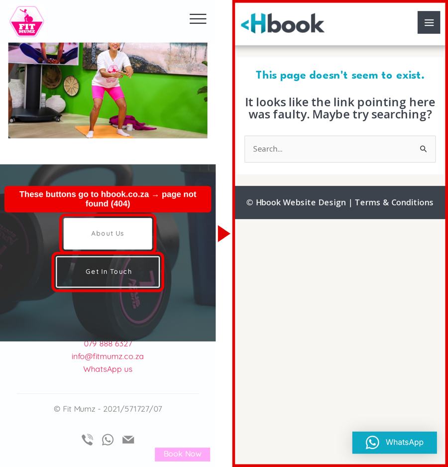 Screenshot: 2 buttons go to a dead page